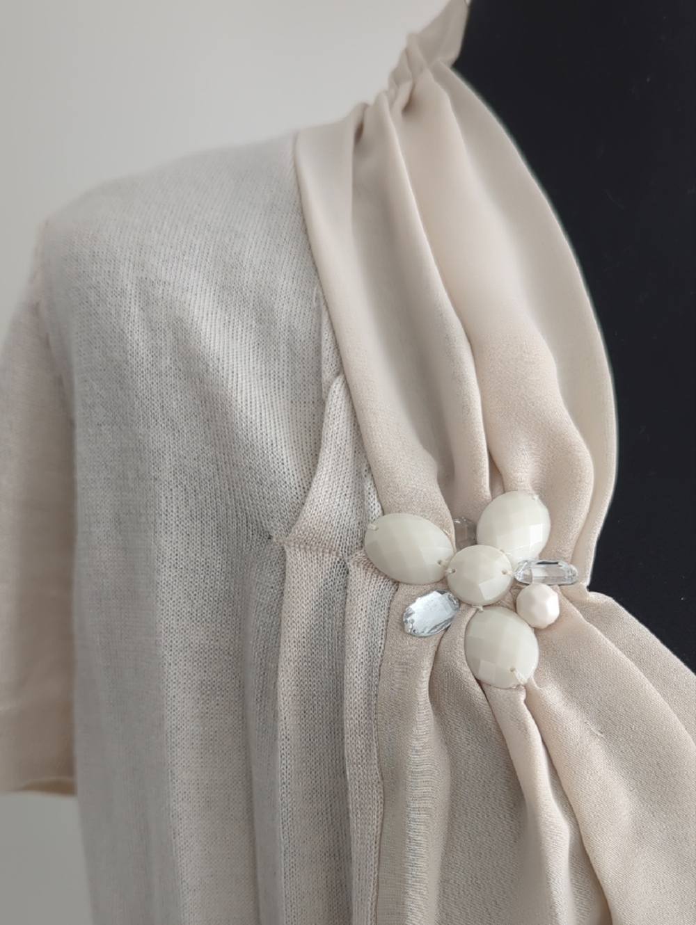 The Limited Cream Short Sleeve Shrug with Draped Scarf and Bead Accents - Picture 8 of 14